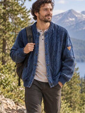 🌲 Blue Willi’s Indigo Knit Snap Cardigan | Denim Trim | Made in Denmark | Men S
